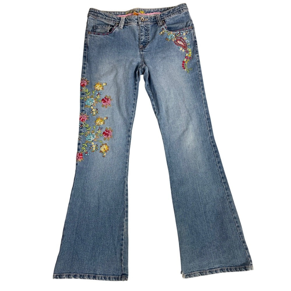 Bills Floral Embroidered Flare Jeans Blue Denim Boho Y2K Mid Rise Size 8